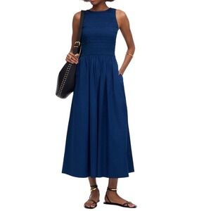 Madewell Navy Blue Smocked Bodice Midi Dress Sleeveless Cotton Pockets XS‎ NWT